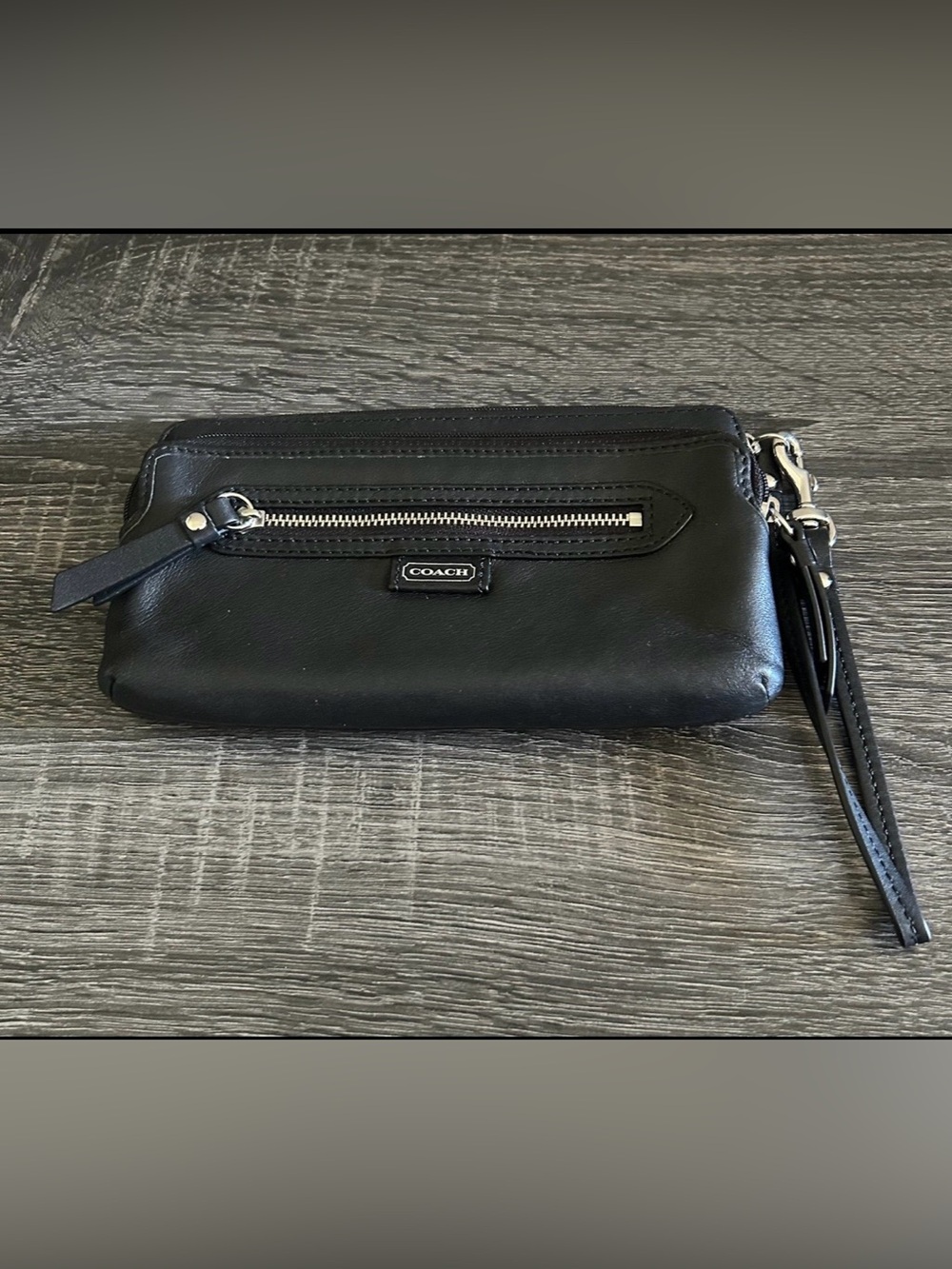 Coach Black Leather Wristlet Clutch with Front Zip